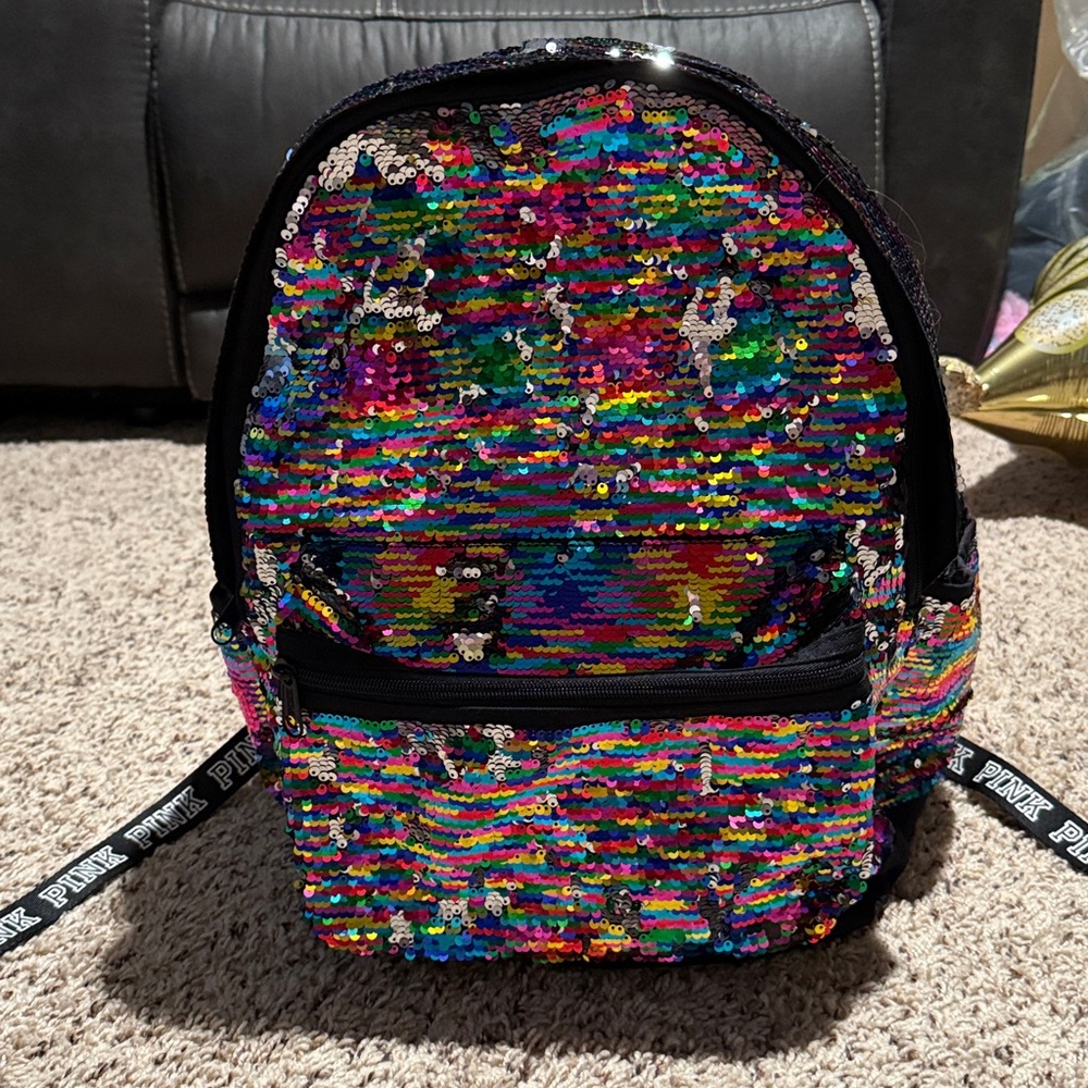PINK Victoria’s Secret multicolored flip sequins backpack with 3 large openings